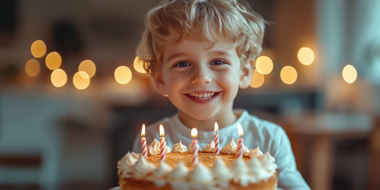 Child celebrates birthday with joyous smile while holding cake adorned with candles in warmly lit room
